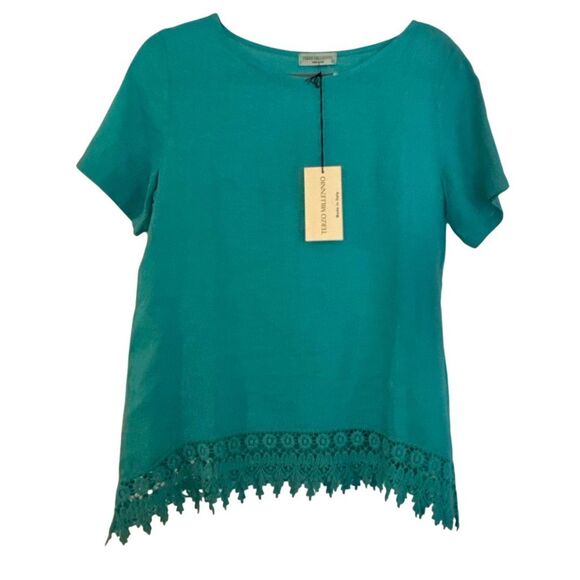 Terzo Millenio NWT turquoise linen crochet lace trim blouse small - Picture 1 of 9